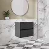 Modern Splash 600mm Graphite Grey Woodgrain 2 Drawer Wall Hung Vanity Unit With Mid-Edge Basin