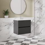 Modern Splash 600mm Graphite Grey Woodgrain 2 Drawer Wall Hung Vanity Unit With Minimalist Basin