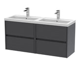 Modern Splash 1200mm Graphite Grey Woodgrain 4 Drawer Wall Hung Vanity Unit With 2 Tap Hole Polymarble basin