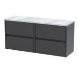Modern Splash 1200mm Gloss White 4 Drawer Wall Hung Vanity Unit With Bellato Grey Worktop