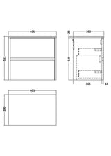 Modern Splash 600mm Graphite Grey Woodgrain 2 Drawer Wall Hung Vanity Unit With Bellato Grey Worktop