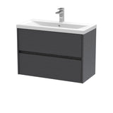 Modern Splash 800mm Graphite Grey Woodgrain 2 Drawer Wall Hung Vanity Unit With Mid-Edge Basin