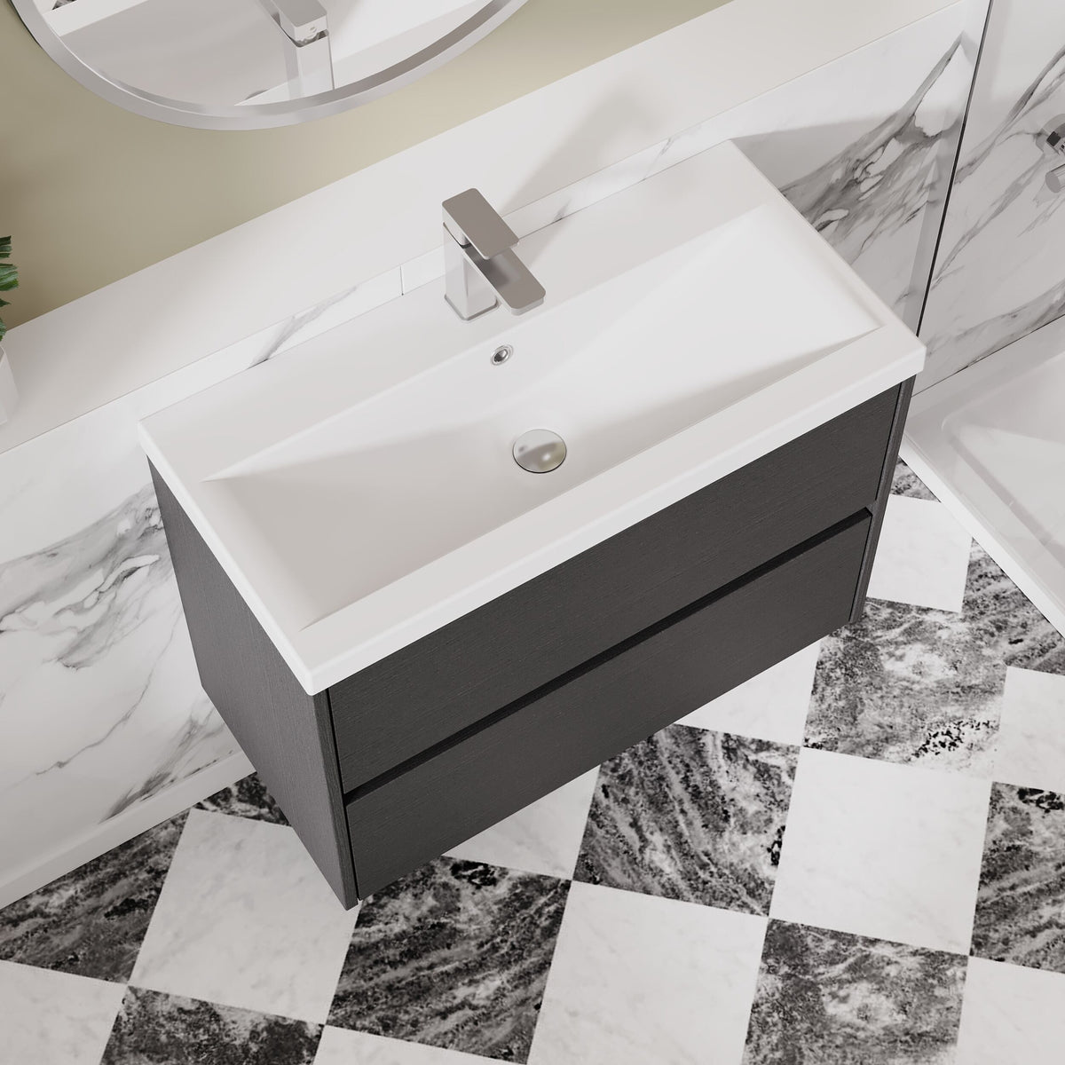 Modern Splash 800mm Graphite Grey Woodgrain 2 Drawer Wall Hung Vanity Unit With Mid-Edge Basin