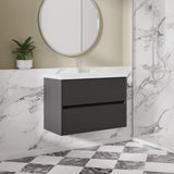 Modern Splash 800mm Graphite Grey Woodgrain 2 Drawer Wall Hung Vanity Unit With Mid-Edge Basin