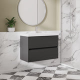 Modern Splash 800mm Graphite Grey Woodgrain 2 Drawer Wall Hung Vanity Unit With Thin Edge Basin