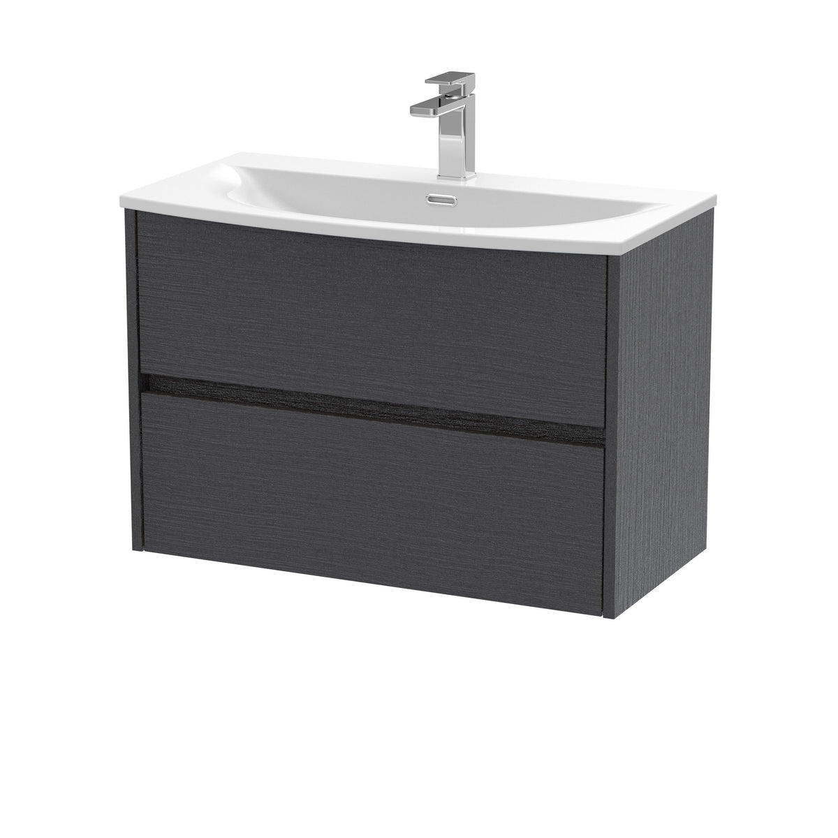 Modern Splash 800mm Graphite Grey Woodgrain 2 Drawer Wall Hung Vanity Unit With U-Shaped Curved Basin