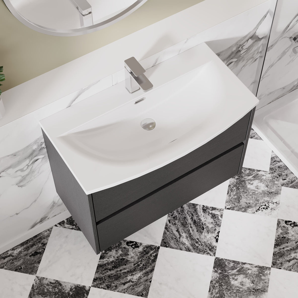 Modern Splash 800mm Graphite Grey Woodgrain 2 Drawer Wall Hung Vanity Unit With U-Shaped Curved Basin