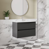 Modern Splash 800mm Graphite Grey Woodgrain 2 Drawer Wall Hung Vanity Unit With U-Shaped Curved Basin