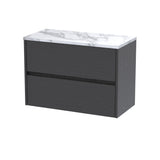 Modern Splash 800mm  Graphite Grey Woodgrain  2 Drawer Wall Hung Vanity Unit With Laminate Graphite Grey Woodgrain Worktop