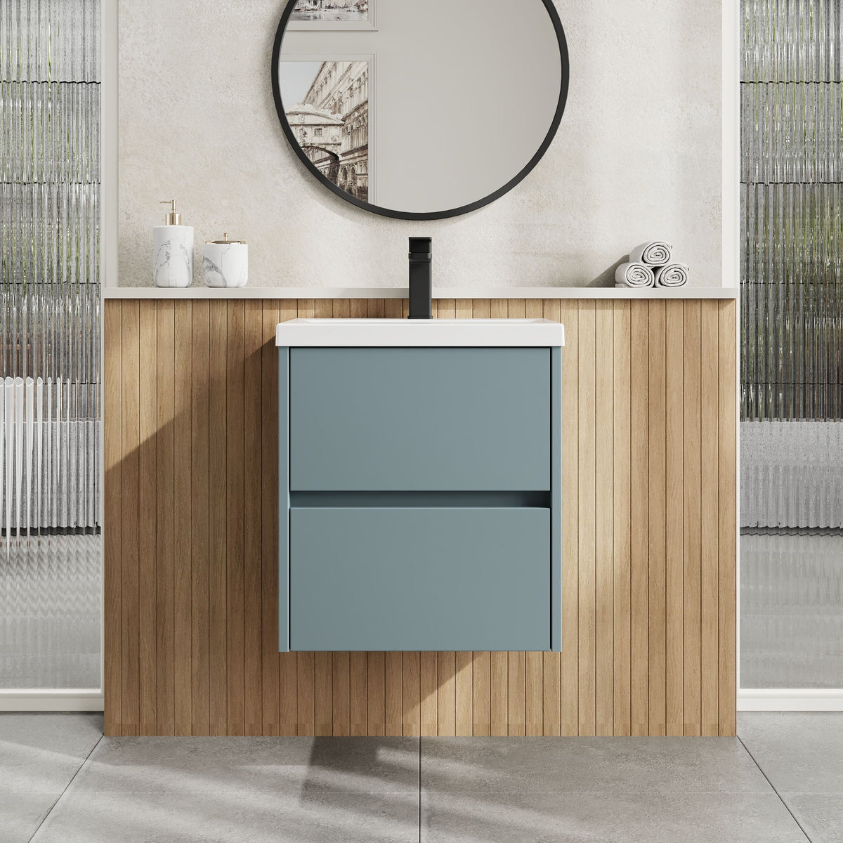 Modern Splash 500mm 2 Drawer Coastal Grey Wall Hung Vanity Unit With Mid-Edge Basin