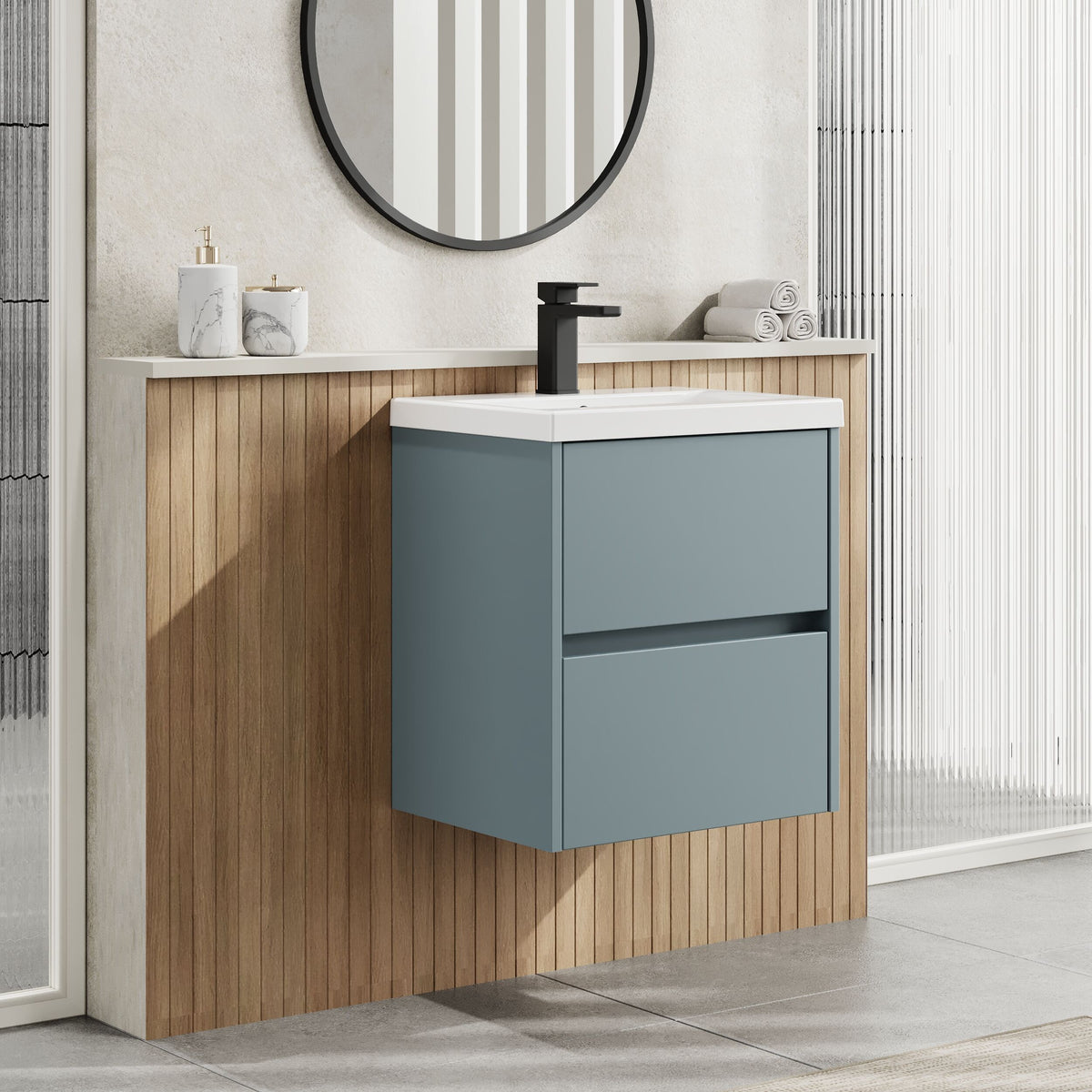 Modern Splash 500mm 2 Drawer Coastal Grey Wall Hung Vanity Unit With Mid-Edge Basin
