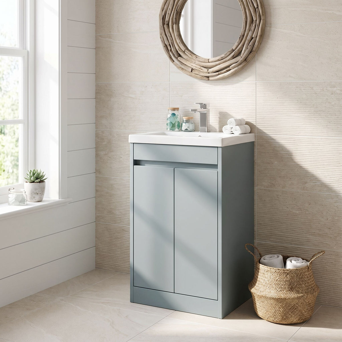 Modern Splash 600mm Coastal Grey 2 Door Floor Standing Vanity Unit With Mid-Edge Basin