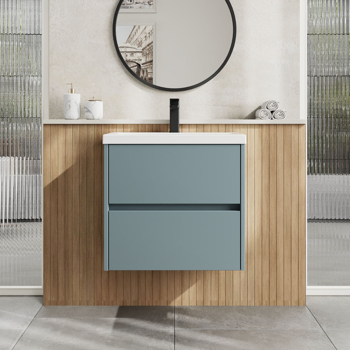 Modern Splash 600mm Coastal Grey 2 Drawer Wall Hung Vanity Unit With Mid-Edge Basin