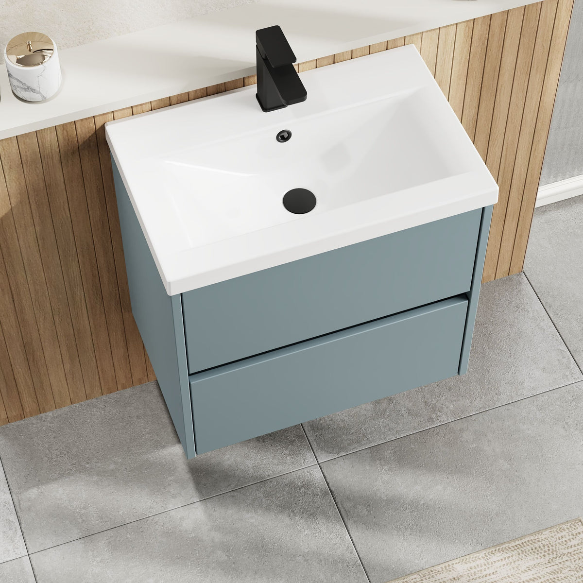 Modern Splash 600mm Coastal Grey 2 Drawer Wall Hung Vanity Unit With Mid-Edge Basin