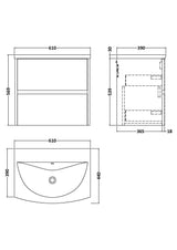 Modern Splash 600mm Coastal Grey 2 Drawer Wall Hung Vanity Unit With U-Shaped Curved Basin