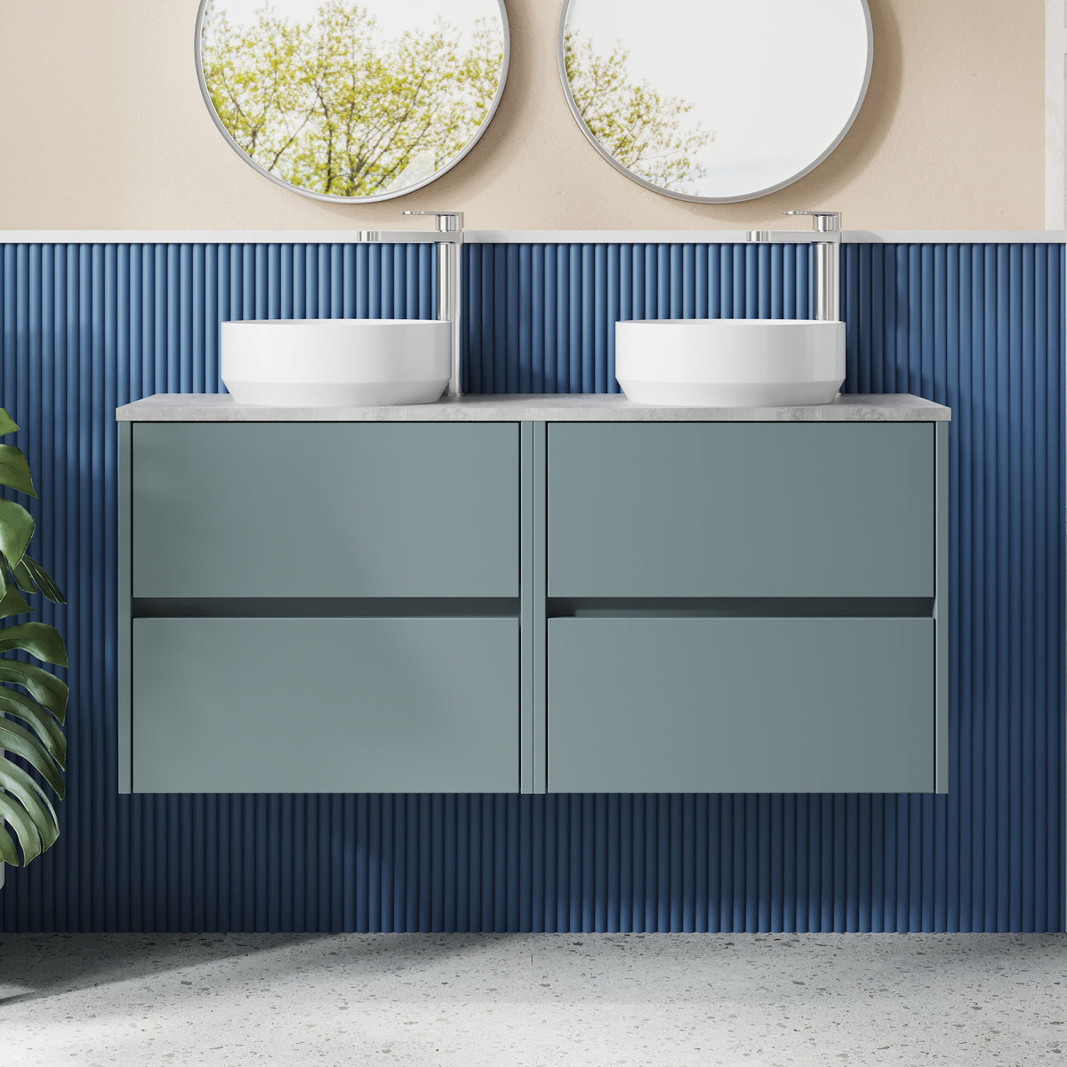 Modern Splash 1200mm Coastal Grey 4 Drawer Wall Hung Vanity Unit With Bellato Grey Worktop