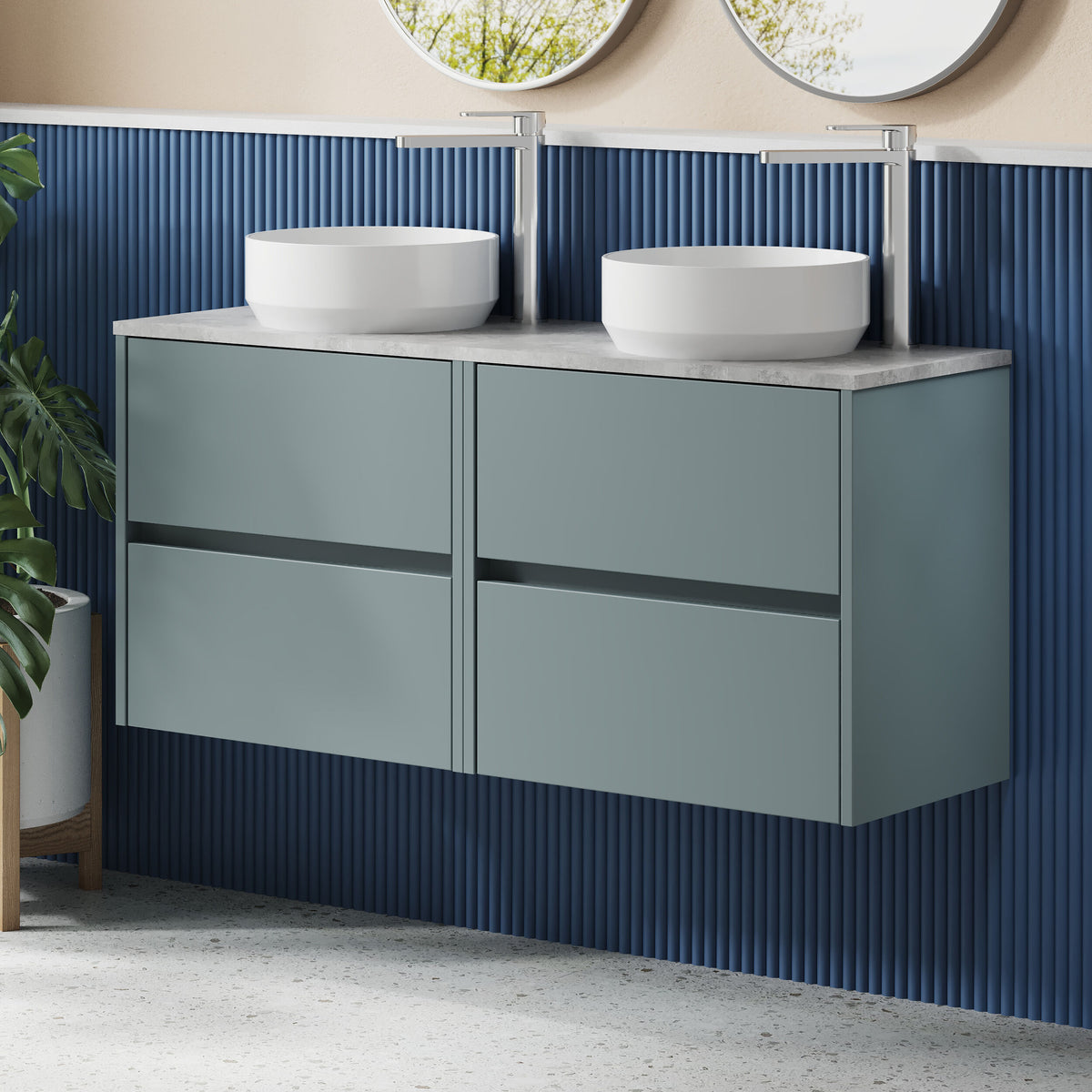 Modern Splash 1200mm Coastal Grey 4 Drawer Wall Hung Vanity Unit With Bellato Grey Worktop