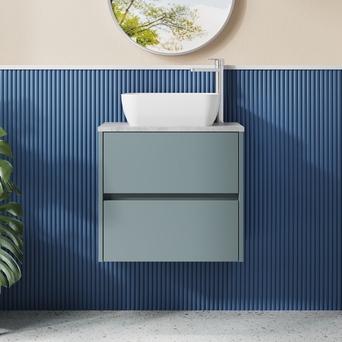 Modern Splash 600mm Coastal Grey 2 Drawer Wall Hung Vanity Unit With Bellato Grey Worktop