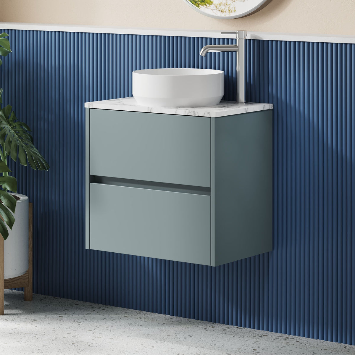 Modern Splash 600mm Coastal Grey 2 Drawer Wall Hung Vanity Unit With Carrara Laminate Worktop