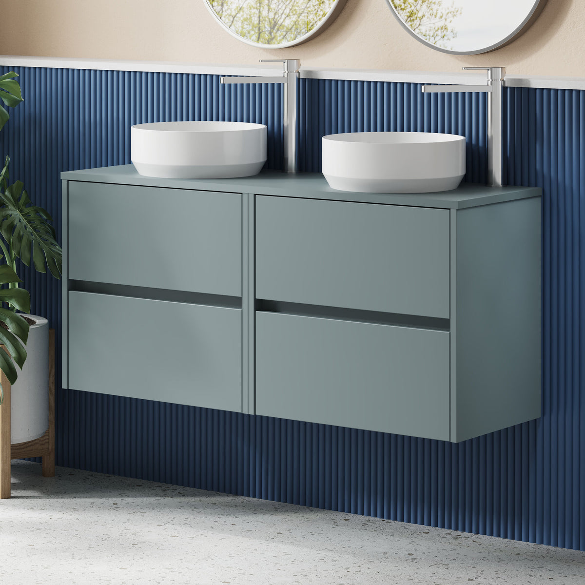 Modern Splash 1200mm Coastal Grey 4 Drawer Wall Hung Vanity Unit With Co-ordinating Worktop