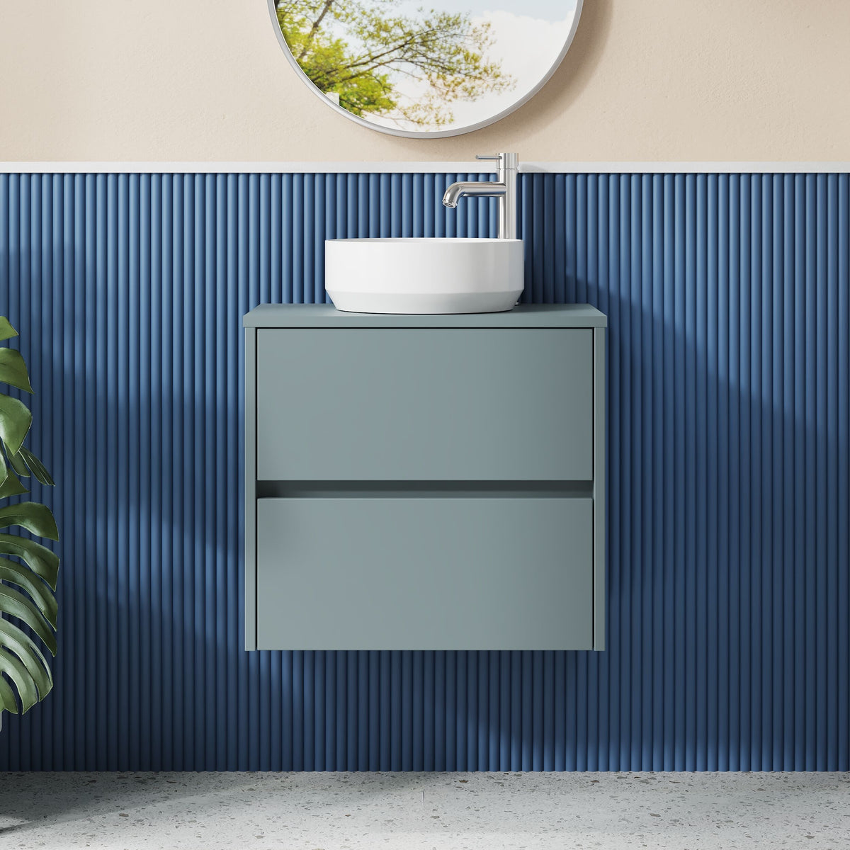 Modern Splash 600mm Coastal Grey 2 Drawer Wall Hung Vanity Unit With Co-ordinating Worktop