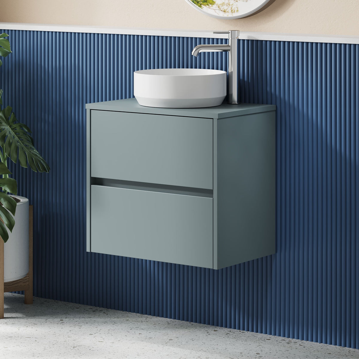Modern Splash 600mm Coastal Grey 2 Drawer Wall Hung Vanity Unit With Co-ordinating Worktop