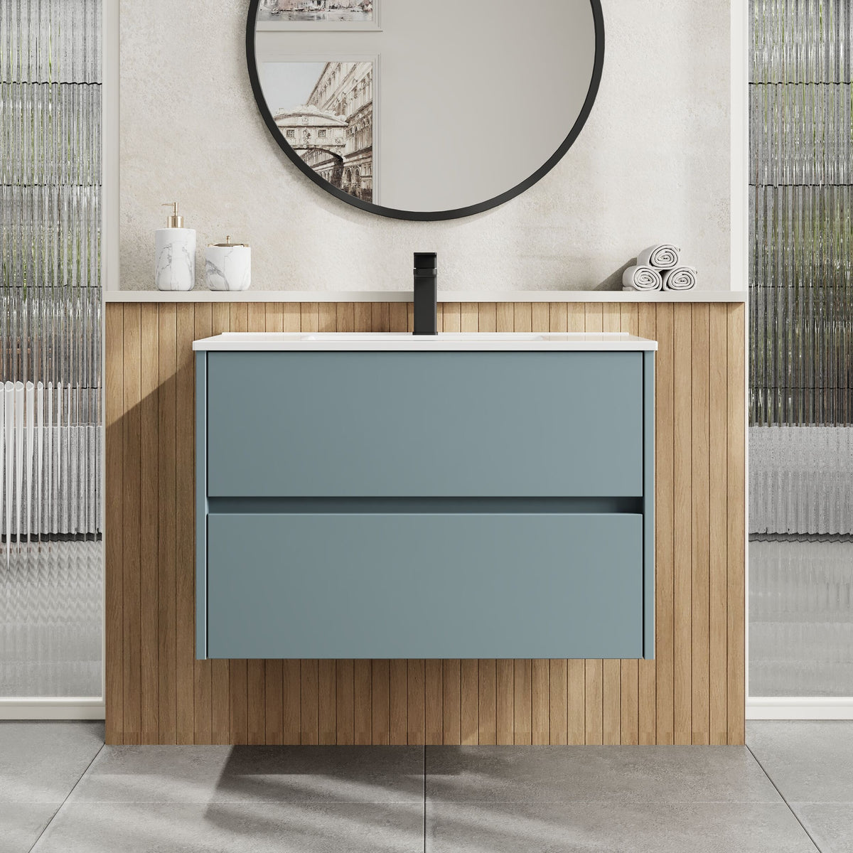 Modern Splash 800mm Coastal Grey 2 Drawer Wall Hung Vanity Unit With Minimalist Basin