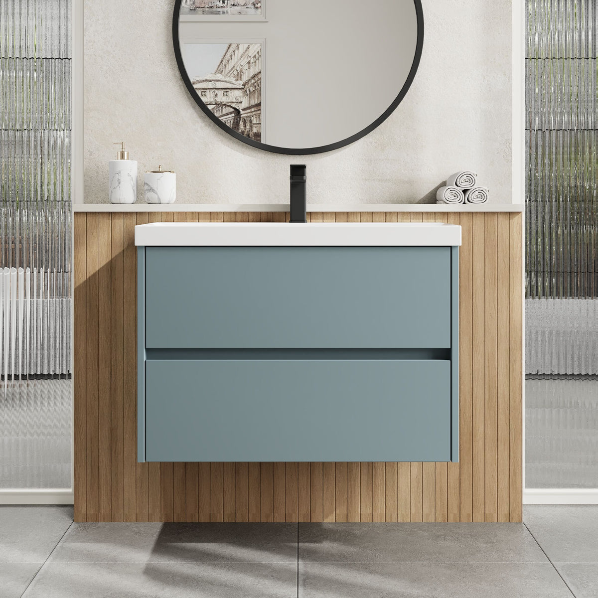 Modern Splash 800mm Coastal Grey 2 Drawer Wall Hung Vanity Unit With Thin Edge Basin