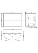 Modern Splash 800mm Soft linen 2 Drawer Wall Hung Vanity Unit With U-Shaped Curved Basin