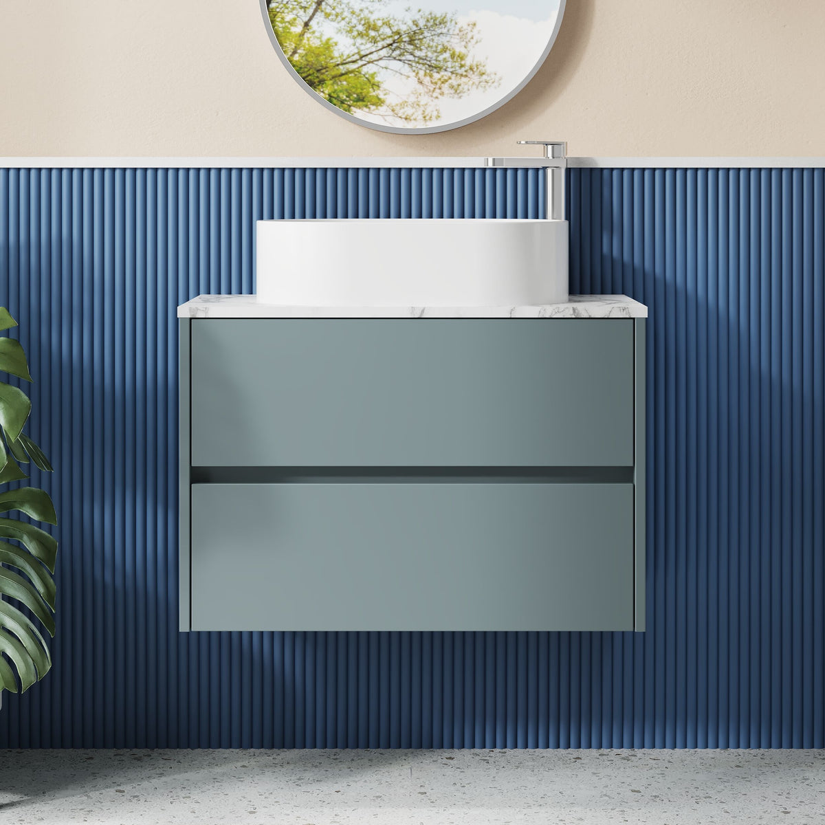 Modern Splash 800mm Coastal Grey 2 Drawer Wall Hung Vanity Unit With Carrara Laminate Worktop