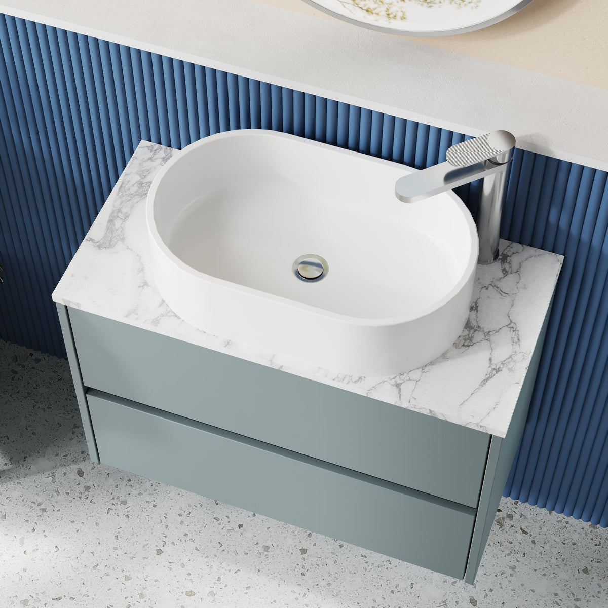 Modern Splash 800mm Coastal Grey 2 Drawer Wall Hung Vanity Unit With Carrara Laminate Worktop