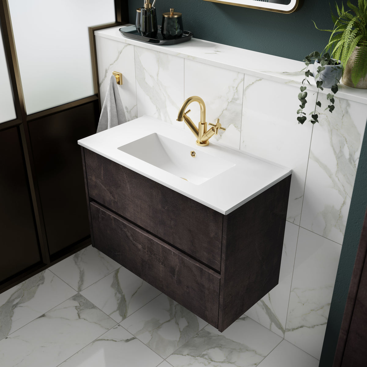 Modern Splash 600mm Metallic Slate 2 Drawer Wall Hung Vanity Unit With Minimalist Basin