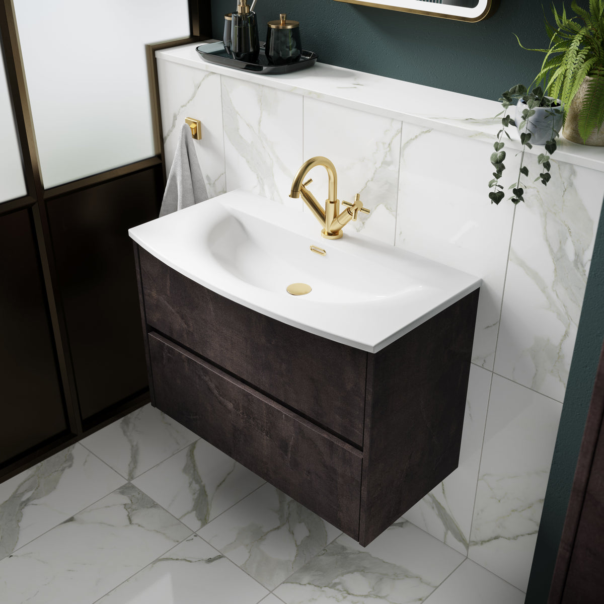 Modern Splash 600mm Metallic Slate 2 Drawer Wall Hung Vanity Unit With U-Shaped Curved Basin
