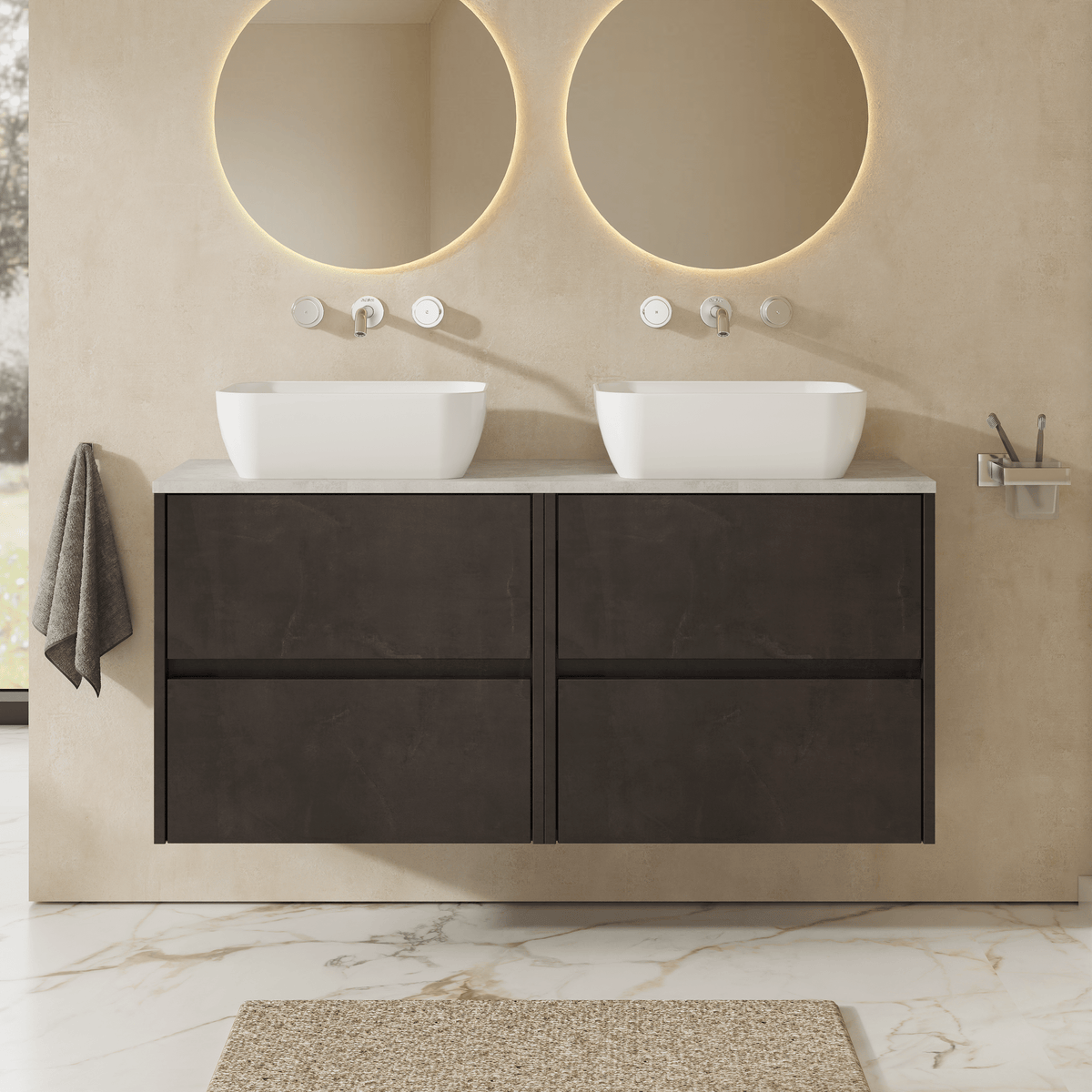 Modern Splash 1200mm Metallic Slate 4 Drawer Wall Hung Vanity Unit With Bellato Grey Worktop