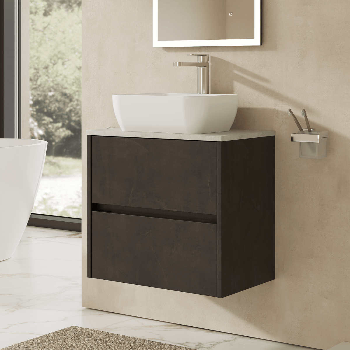 Modern Splash 600mm Metallic Slate 2 Drawer Wall Hung Vanity Unit With Bellato Grey Worktop