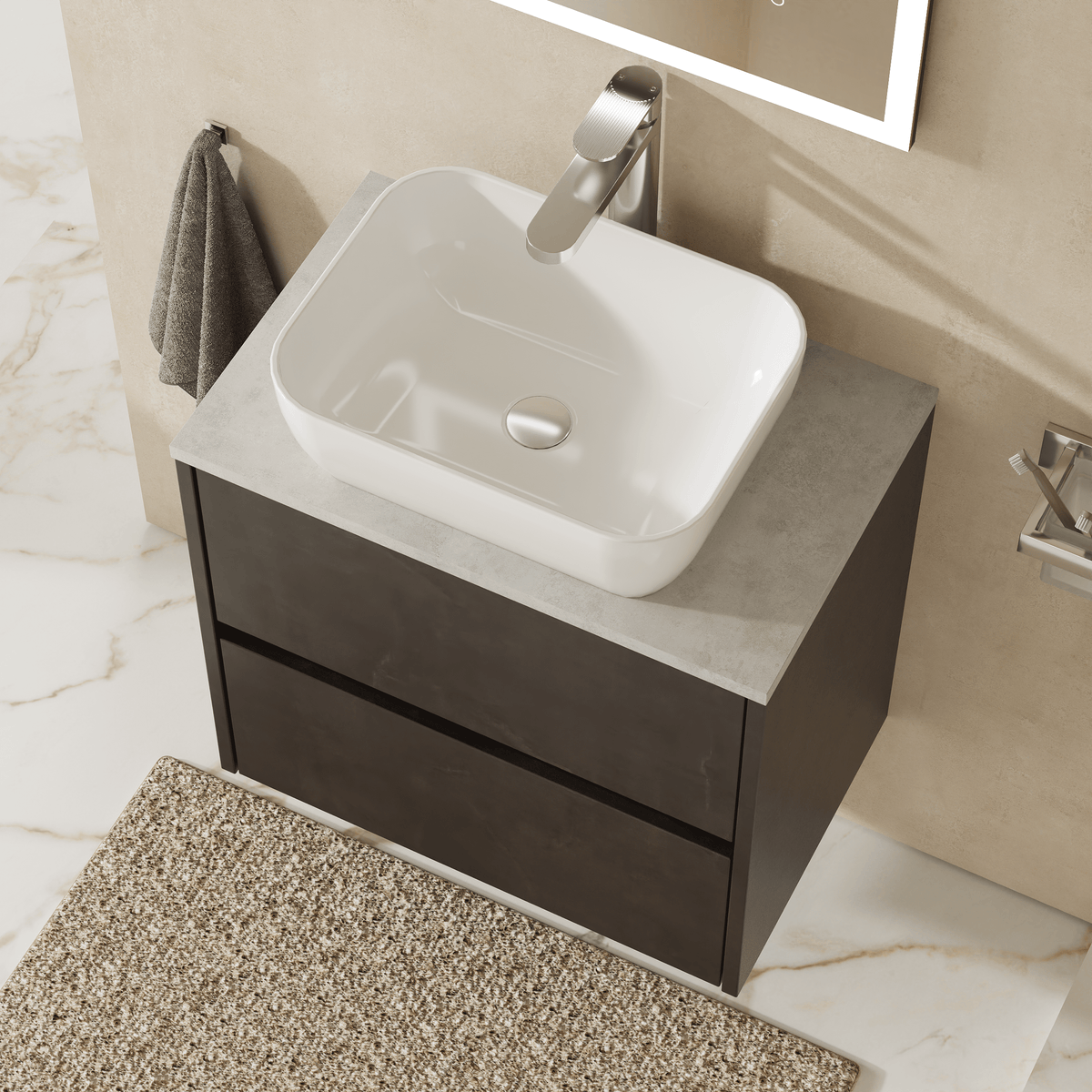 Modern Splash 600mm Metallic Slate 2 Drawer Wall Hung Vanity Unit With Bellato Grey Worktop