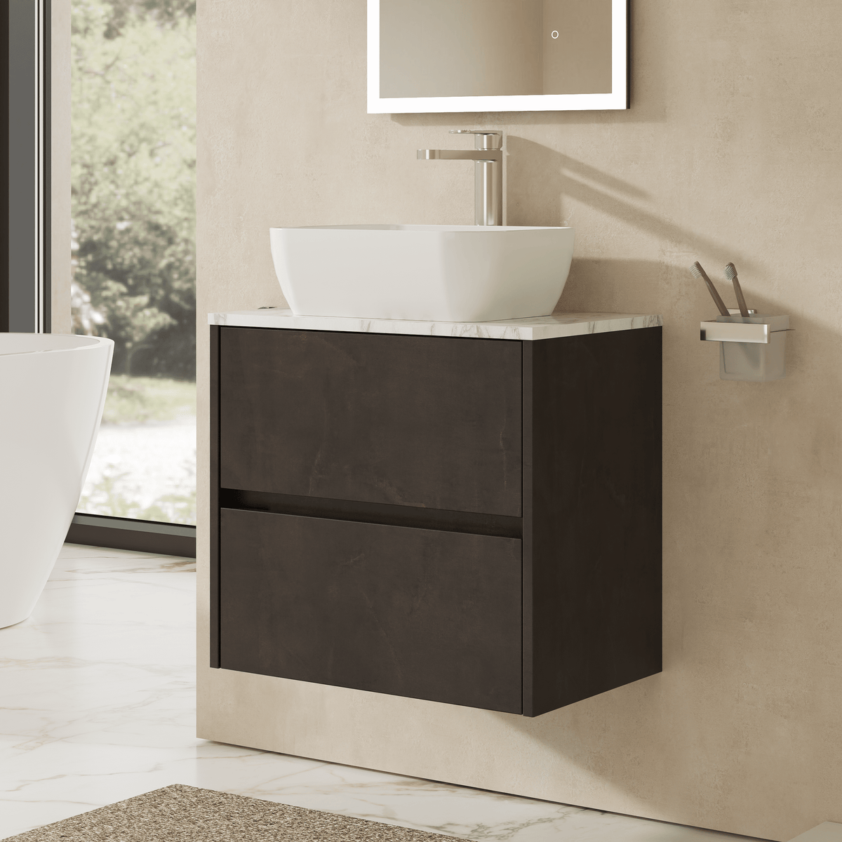 Modern Splash 600mm Metallic Slate 2 Drawer Wall Hung Vanity Unit With Carrara Laminate Worktop