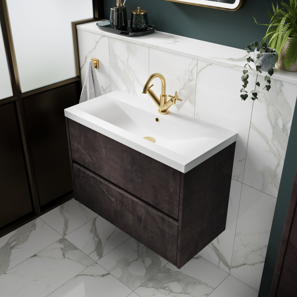 Modern Splash 800mm Metallic Slate 2 Drawer Wall Hung Vanity Unit With Mid-Edge Basin