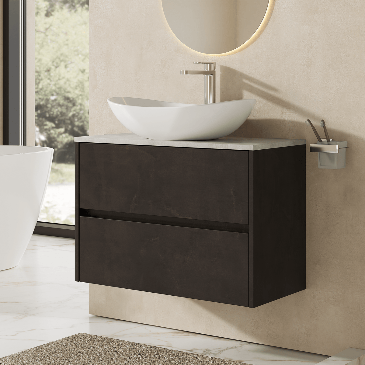 Modern Splash 800mm Metallic Slate 2 Drawer Wall Hung Vanity Unit With Bellato Grey Worktop