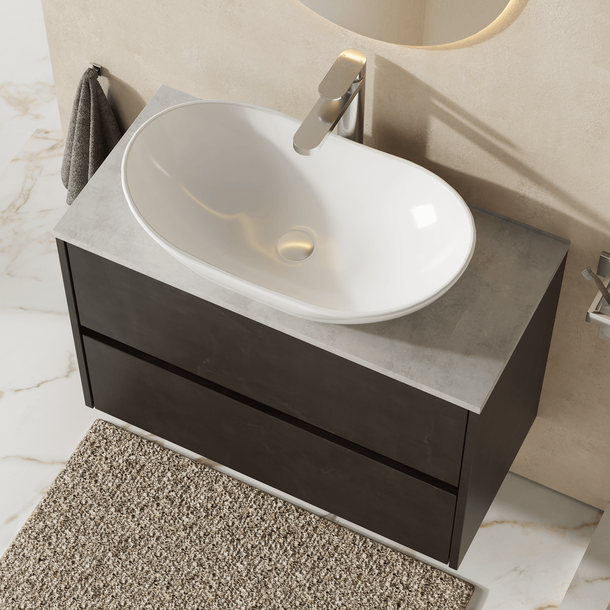 Modern Splash 800mm Metallic Slate 2 Drawer Wall Hung Vanity Unit With Bellato Grey Worktop