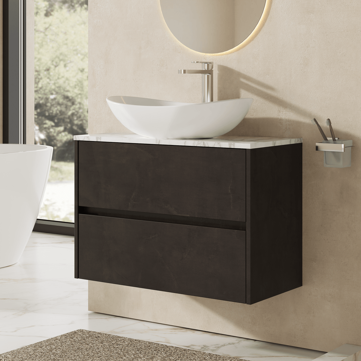 Modern Splash 800mm Metallic Slate 2 Drawer Wall Hung Vanity Unit With Carrara Laminate Worktop