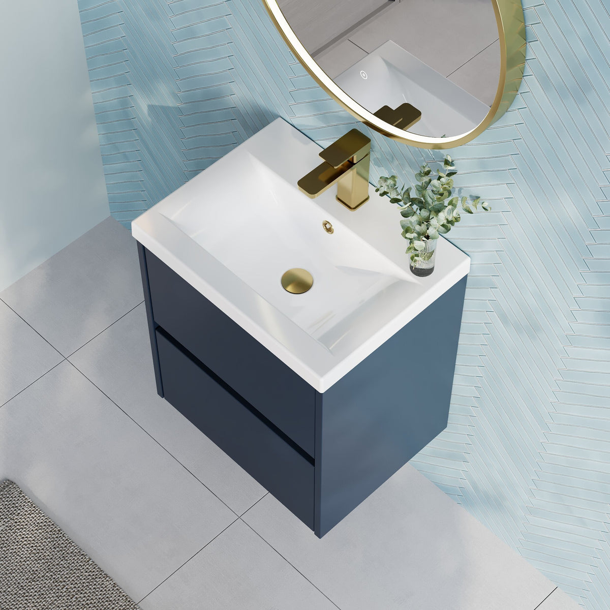 Modern Splash 500mm Midnight Blue 2 Drawer Wall Hung Vanity Unit With Mid-Edge Basin