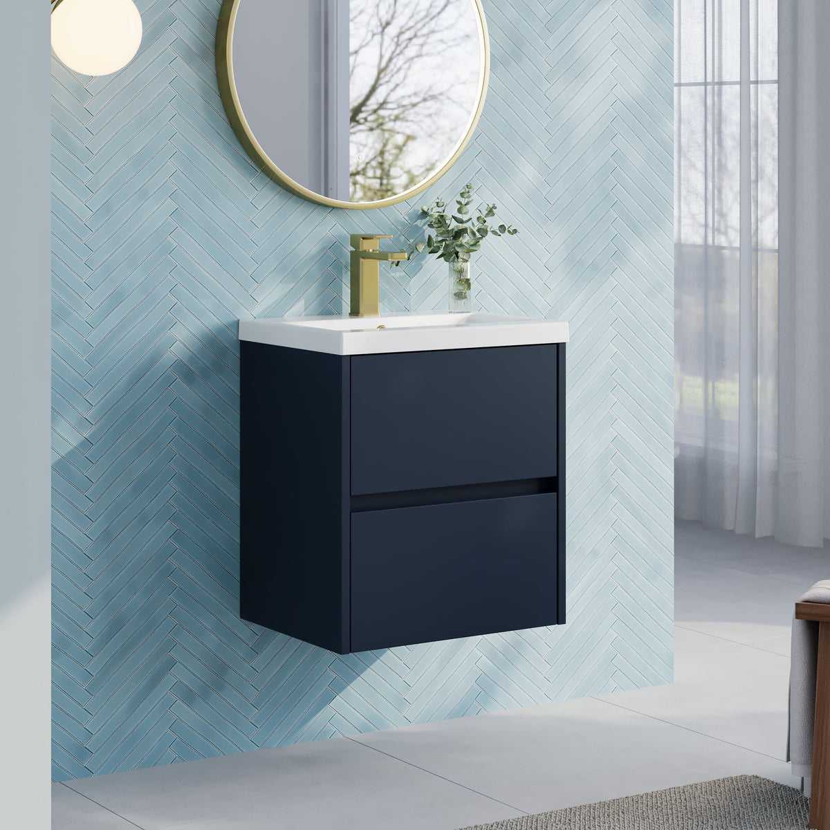 Modern Splash 500mm Midnight Blue 2 Drawer Wall Hung Vanity Unit With Mid-Edge Basin