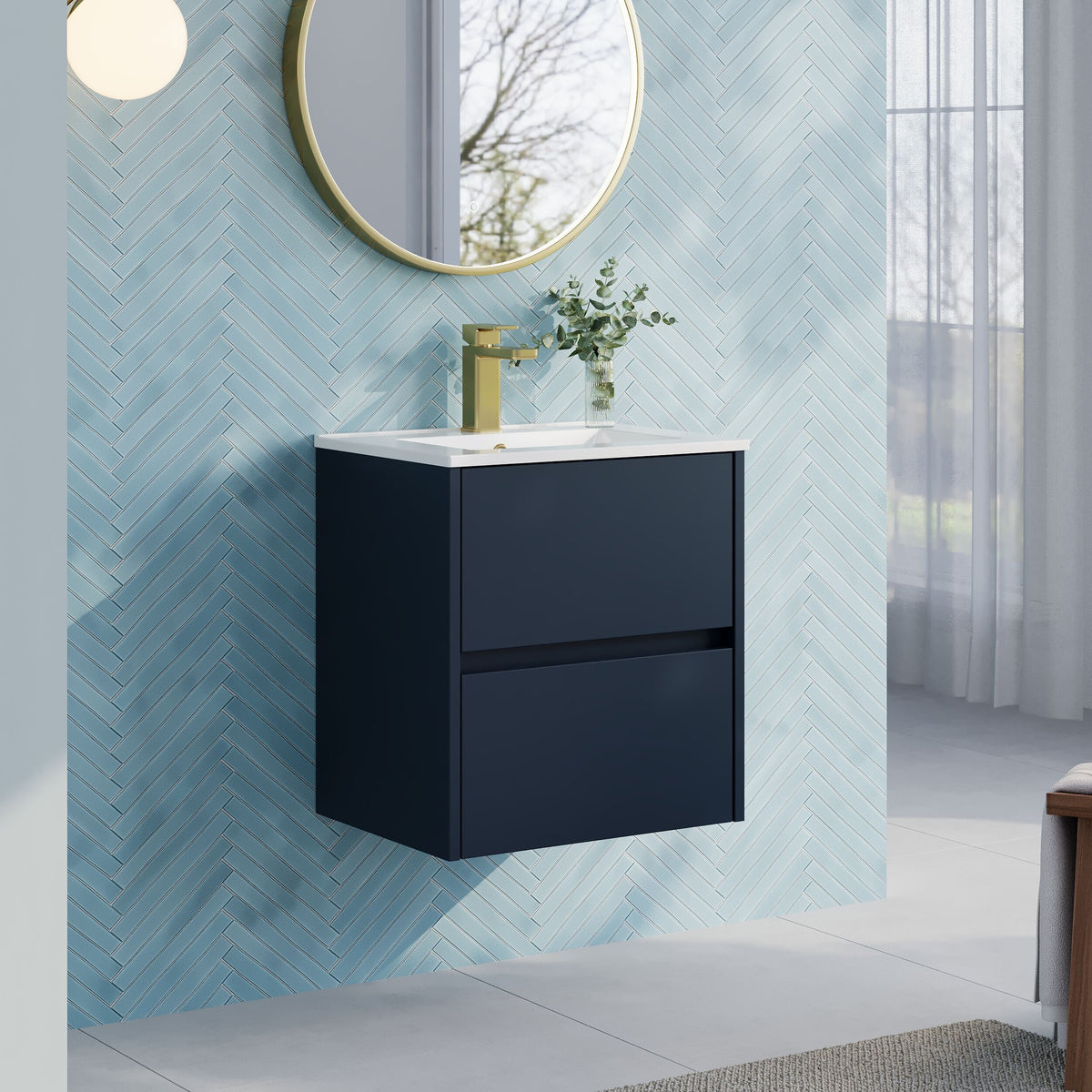 Modern Splash 500mm Midnight Blue 2 Drawer Wall Hung Vanity Unit With Minimalist Basin