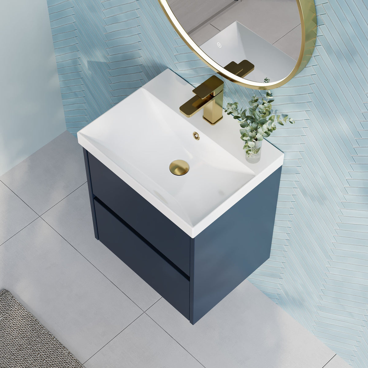 Modern Splash 500mm Midnight Blue 2 Drawer Wall Hung Vanity Unit With Thin Edge Basin