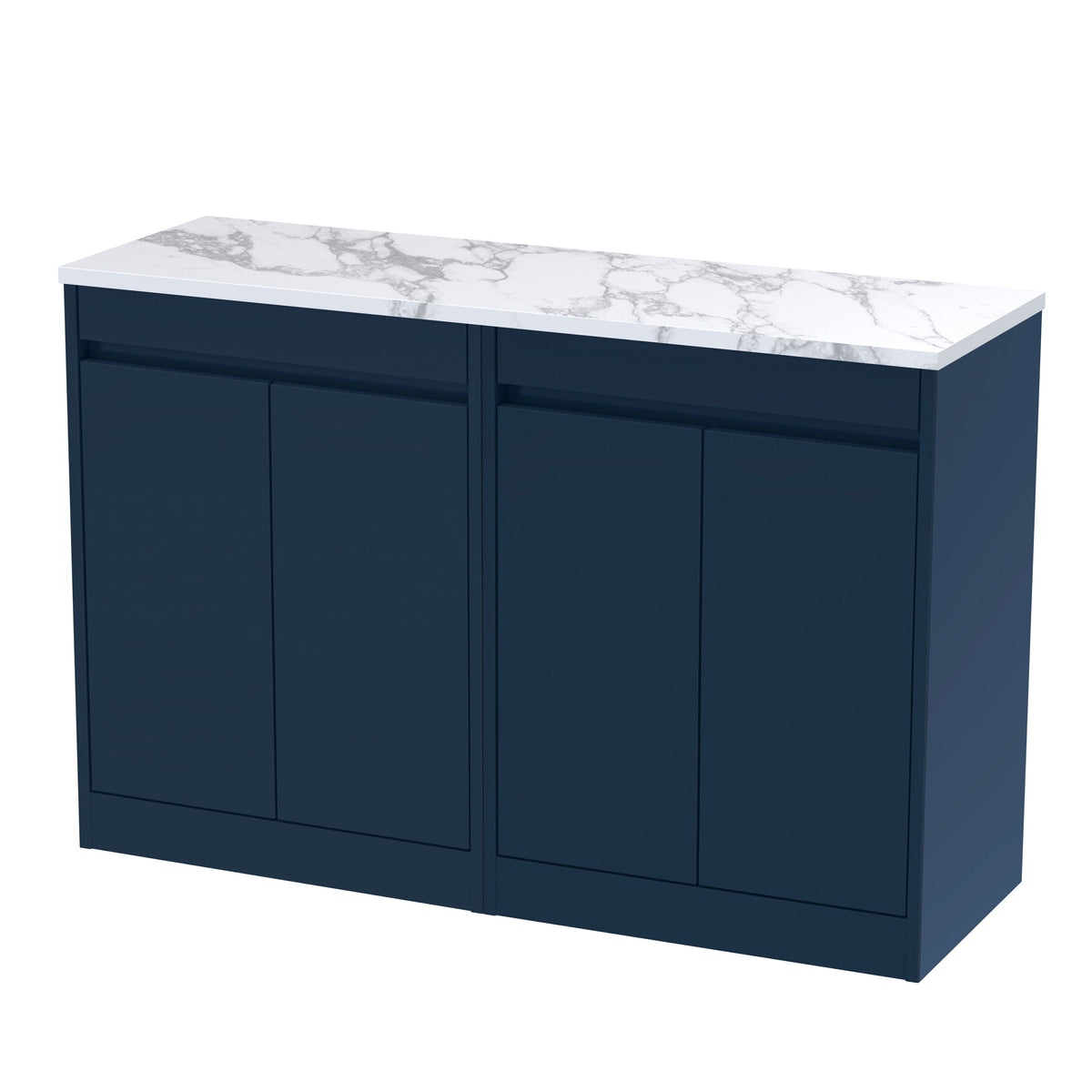Modern Splash 1200mm Indigo Blue 4 Door Floor Standing Vanity Unit With Carrera Marble Worktop