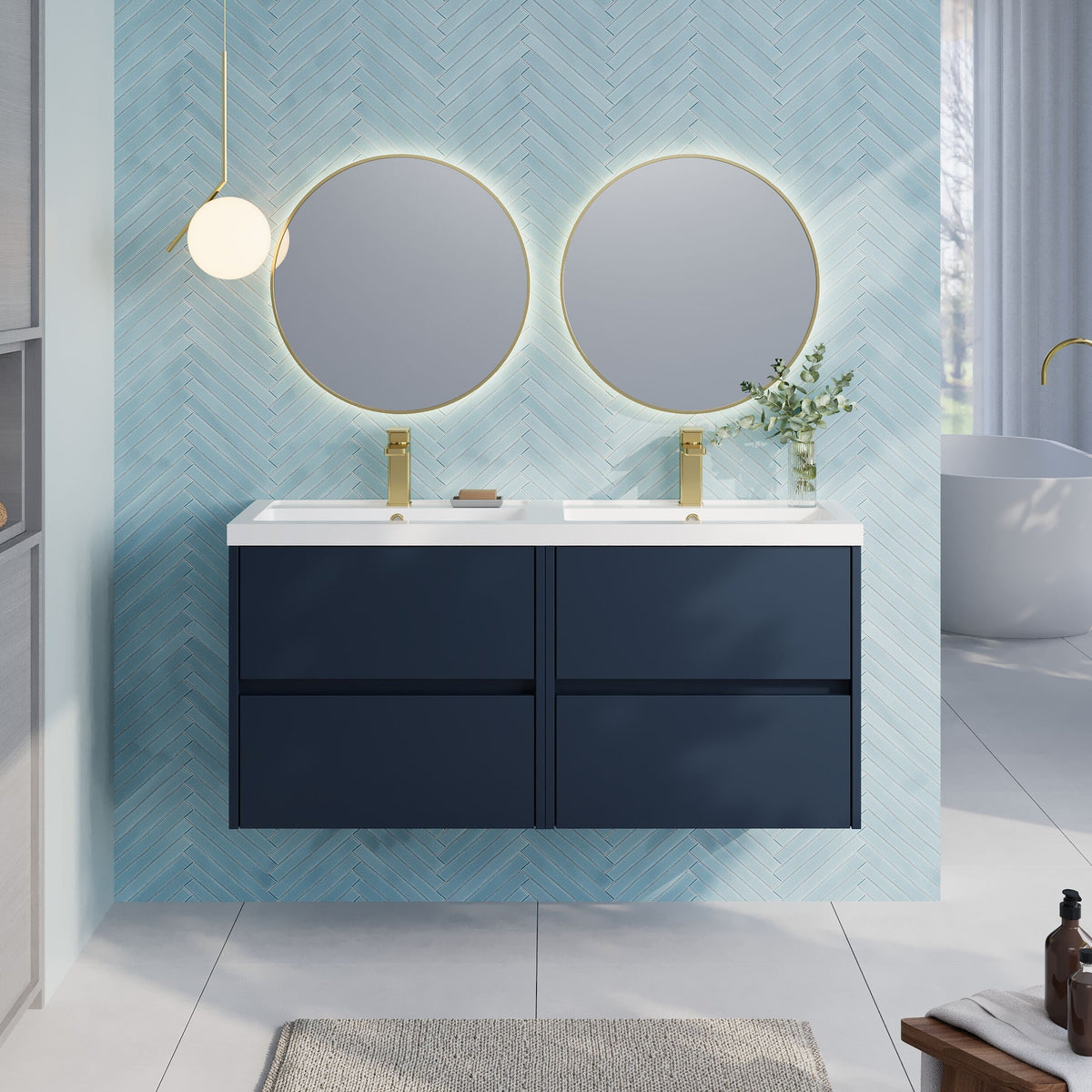 Modern Splash 1200mm Midnight Blue 4 Drawer Wall Hung Vanity Unit With 2 Tap Hole Polymarble basin