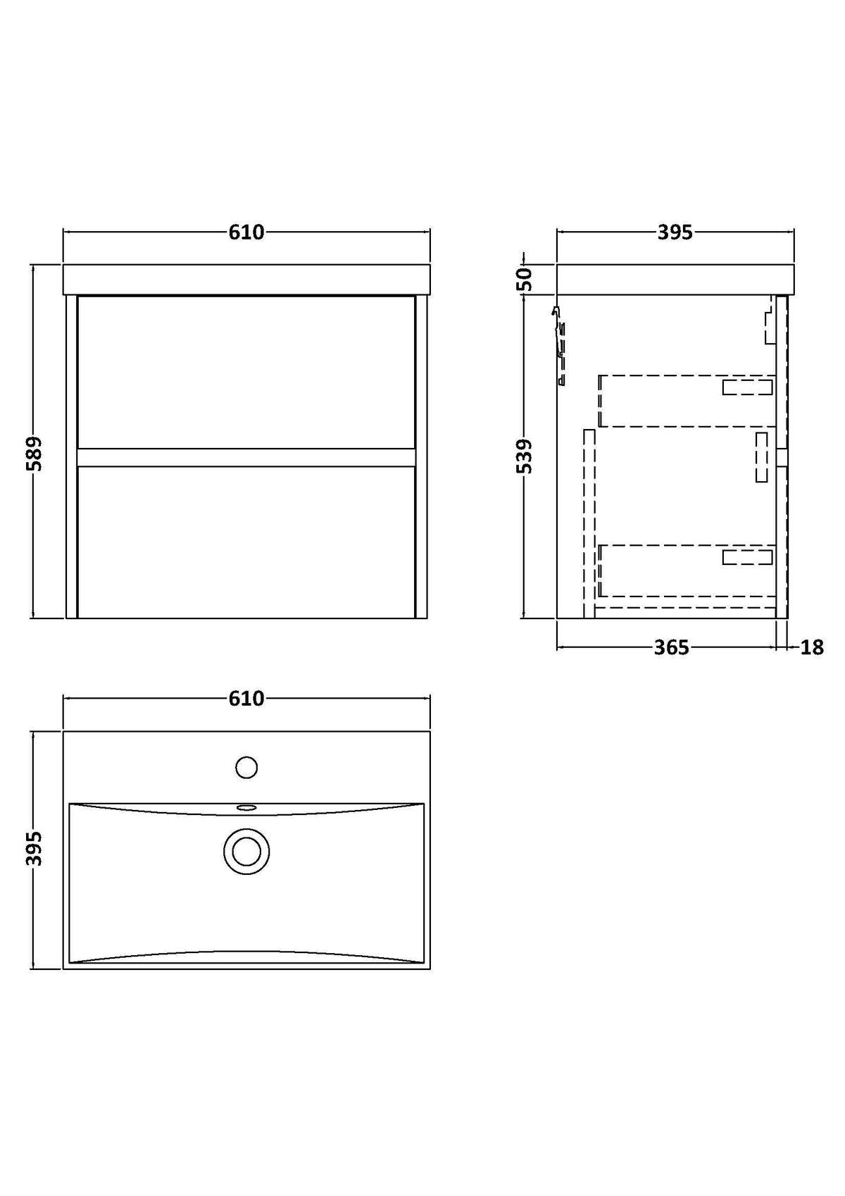 Modern Splash 600mm Midnight Blue 2 Drawer Wall Hung Vanity Unit With Thin Edge Basin