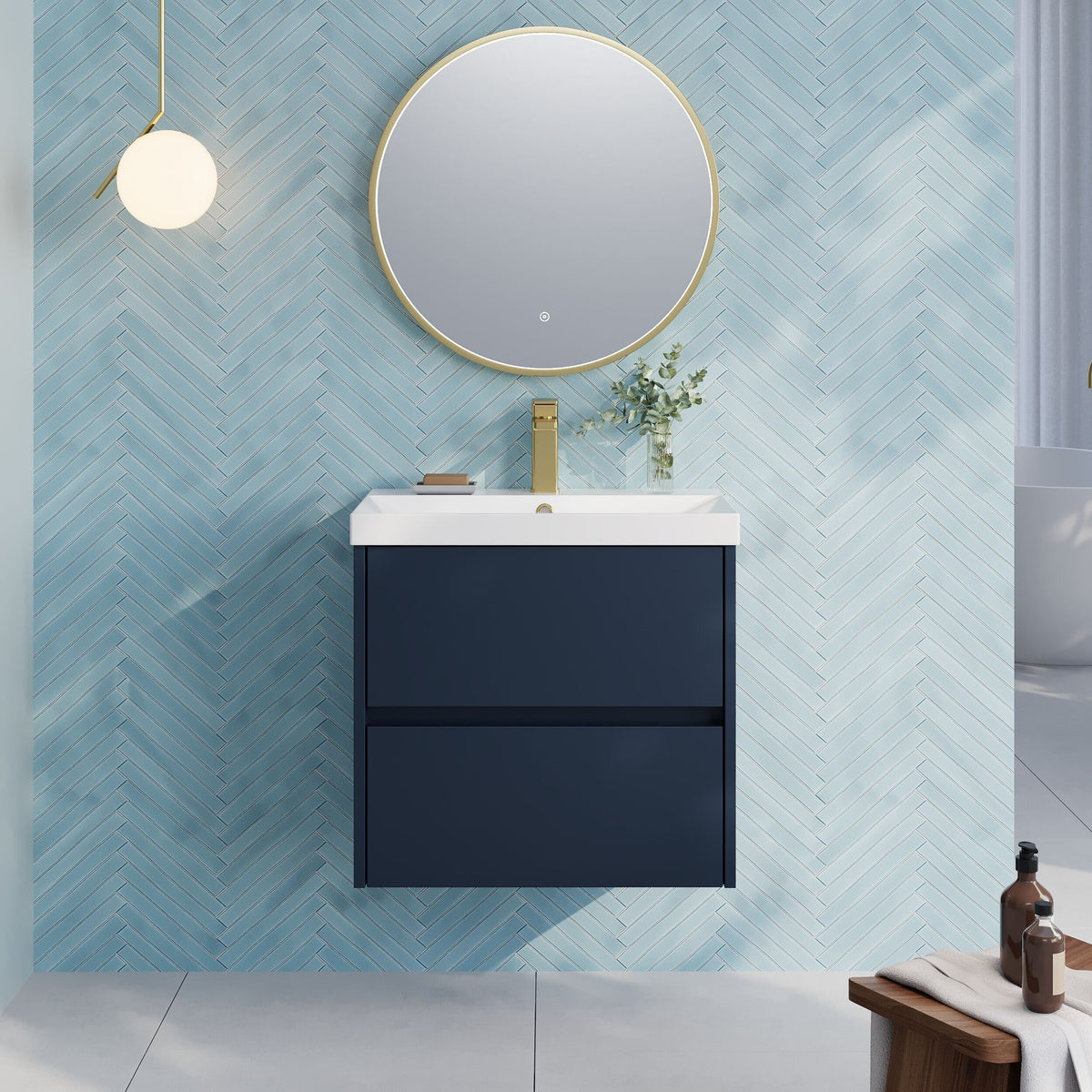 Modern Splash 600mm Midnight Blue 2 Drawer Wall Hung Vanity Unit With Thin Edge Basin