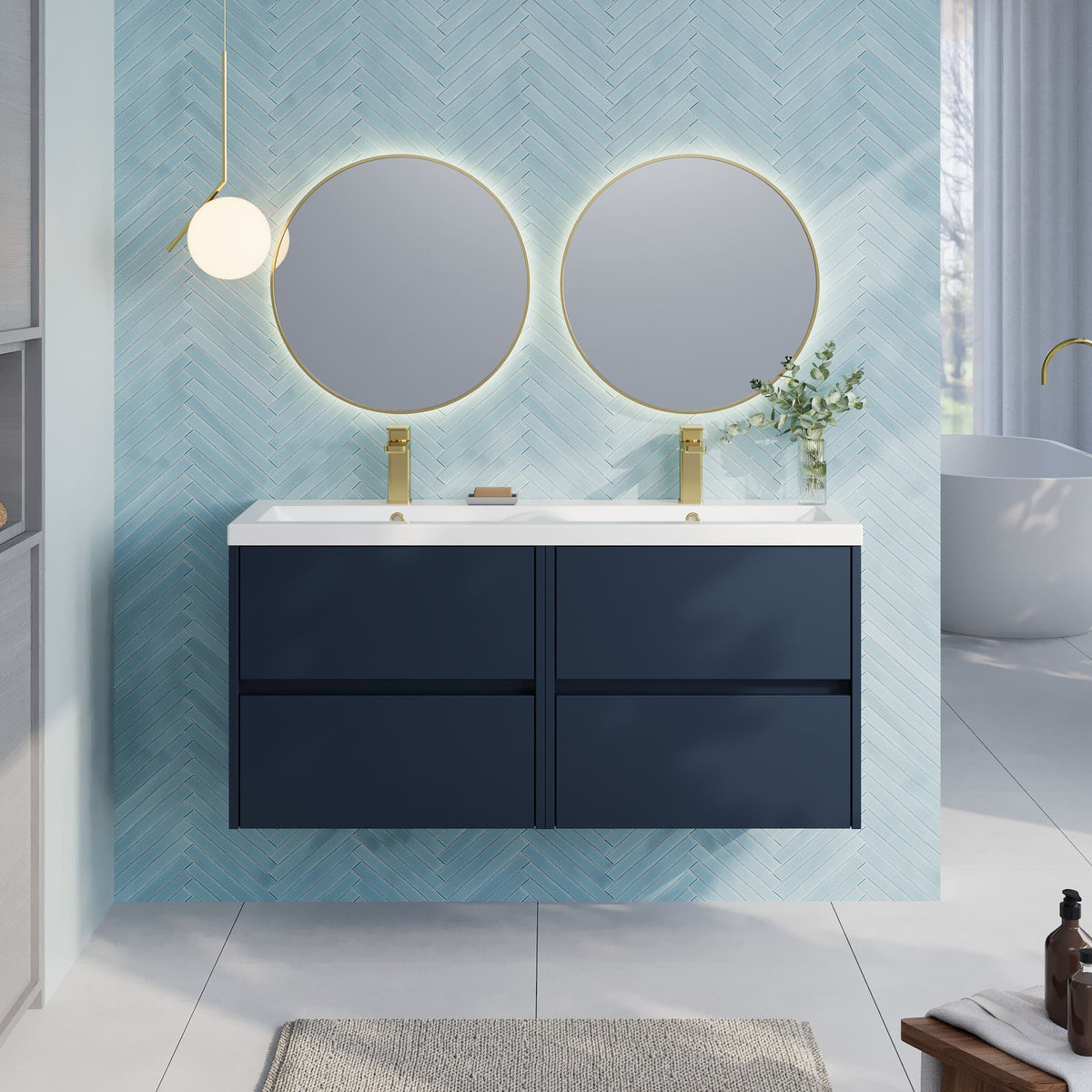 Modern Splash 1200mm Midnight Blue 4 Drawer Wall Hung Vanity Unit With 2 Tap Hole Ceramic Basin